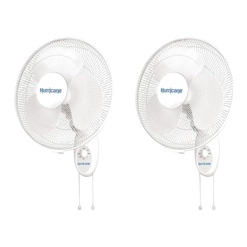 Hurricane 2-Pack Supreme 16-Inch Oscillating Wall Mount Fan, White – Quiet Operation Corded Electric Air Cooling Unit with Pull Cords for Home, Garage, Greenhouse, Workshop, or Gym