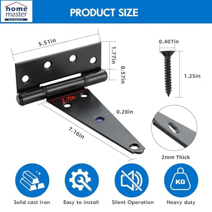 HOME MASTER HARDWARE 8 Inch T-Strap Heavy Duty Shed Door Hinges, Black Tee Hinge for Wooden Fences,Yard Door, Barn Door Gates, Rustproof Wrought Iron with Screws, 2 Pack - size: 8 in-2 Pack