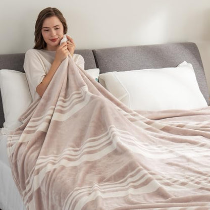 Berkshire Blanket-Classic Heavyweight Warm Soft Printed VelvetLoft® Plush Blanket, King Size Soft Fuzzy Blanket for Couch Sofa Bed, Stripe Cream, 90in x 108in - color: Stripe Cream, size: King/Cal King