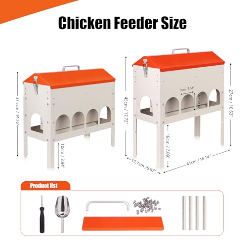 15Lb Automatic Chicken Feeder, Metal Gravity Chicken Feeder | Poultry Feeder Trough for Chickens Turkeys Quails, Chicken Coop Feeder, with 10 Feeding Openings Adjustable Legs