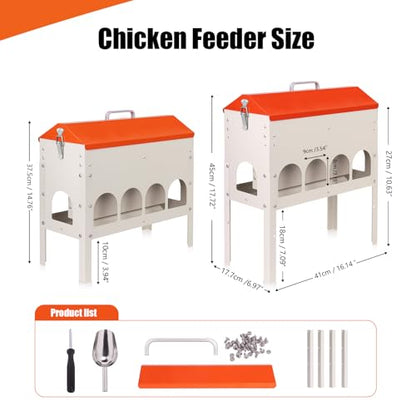 15Lb Automatic Chicken Feeder, Metal Gravity Chicken Feeder | Poultry Feeder Trough for Chickens Turkeys Quails, Chicken Coop Feeder, with 10 Feeding Openings Adjustable Legs