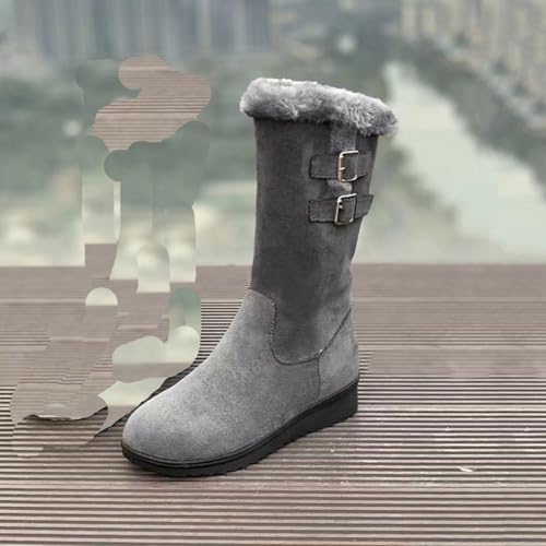 Women's Mid Length Boots Suede Snow Boots Metal Buckle Furry Wedges Booties Outdoor Thick Insulation Warm Plus Fleece shoes - color: Grey, size: 9