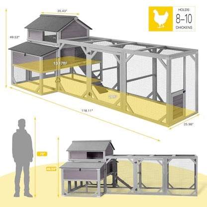 Aivituvin Chicken Coop Extra Large for 8-10 Chickens Wooden Hen House Outdoor with Wheels 41.17ft² Poultry Cage with Run, 6 Nesting Boxes - size: 118.11"L x 53.54"W x 49.53"H