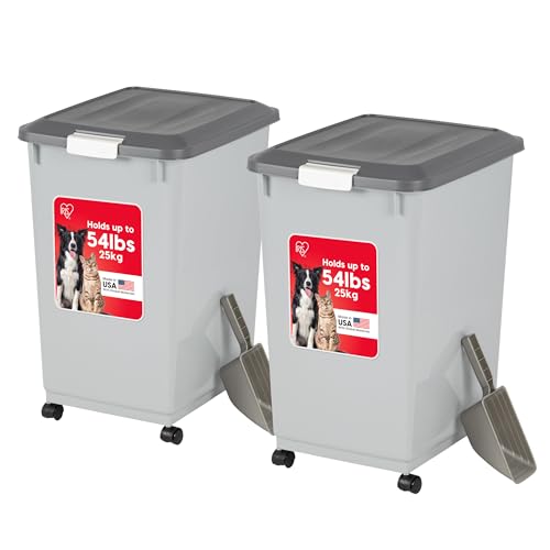 IRIS USA Dog Food Storage Container 54 lbs, 2-Pack with Wheels, Airtight Lid, 2-Cup Scoop, Double Pet Food Storage, Built in Scoop Storage in Lid, Versatile Pet Food Bin, Portable, Gray/Dark Gray - color: Gray/Dark Gray, size: 54 lbs - 2 Pack