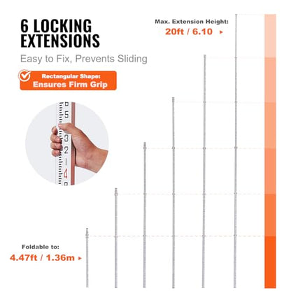 VEVOR Aluminum Grade 20-Feet Telescopic Measuring Rod, Double-Sided Scale 1/10ft Leveling Rod Stick with Bubble Level & Carrying Bag for Houses, Walls, Floor - size: 20 FT-10ths