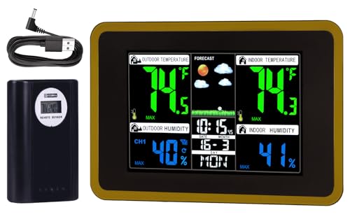 Weather Stations Wireless Indoor Outdoor Thermometer, Color Display Digital Temperature Humidity Monitor with Alarm Clock, USB Port, Adjustable Backlight - color: Black&Brown