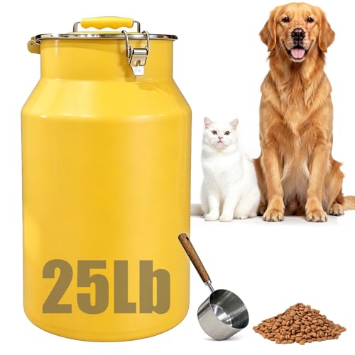 25 Lbs Stainless Steel Dog Food Storage Container with Scoop, Large Metal Dog Food Bin with Airtight Lid & Locking Clamp, Pet Treat Jars for Dogs & Cats, Keep Fresh, Yellow