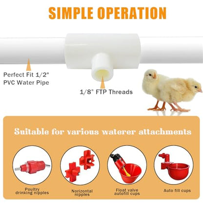 10 Pieces Chicken Waterer PVC Tee Fittings, Automatic Poultry Waterers PVC Fittings for 1/8" FTP Threads, Chicken Water Drinker and Feeder Cups for Poultry Nipples Chicken - size: 10