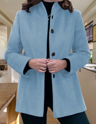 LIZALIG Women's Stand Collar Pea Coat Winter Long Sleeve Wool Blend Short Jackets Single Breasted Blazer Coat Outwear - color: Lightblue, size: Small