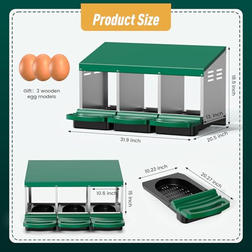 Nesting Boxes for Chickens, Roll Away Nesting Box for Laying Hens, Metal Rollout Chicken Nest Box with Egg Collection Drawer & Protective Lid, Wall Mount Chicken Coop Nest Box, 3 Compartments - color: Green