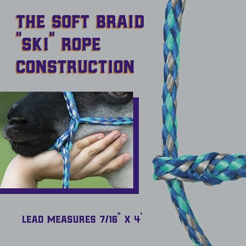 Weaver Livestock Braided Poly Rope Halter, 4 ft Modern, Adjustable, Soft Braid Sheep Halter, Livestock Equipment for Sheep, Goats - color: Blue/Mint/Gray