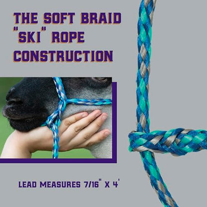 Weaver Livestock Braided Poly Rope Halter, 4 ft Modern, Adjustable, Soft Braid Sheep Halter, Livestock Equipment for Sheep, Goats - color: Blue/Mint/Gray