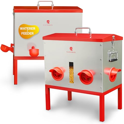 Metal Chicken Feeder and Waterer Set – 10 Gallon SS304 Stainless Steel Poultry Waterer & 40 lb Aluminum Feeder, Rust-Resistant Design, Transparent Window, Cups & Nipples Included, No Leakage