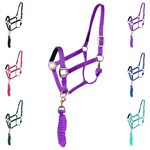 Majestic Ally Halter with Lead Rope for Horses–Adjustable Chin and Crown–Rolled Throat Latch with Replaceable Snap–Padded Noseband–Heavy Duty Rose Gold Finish Hardware - color: Purple, size: Draft