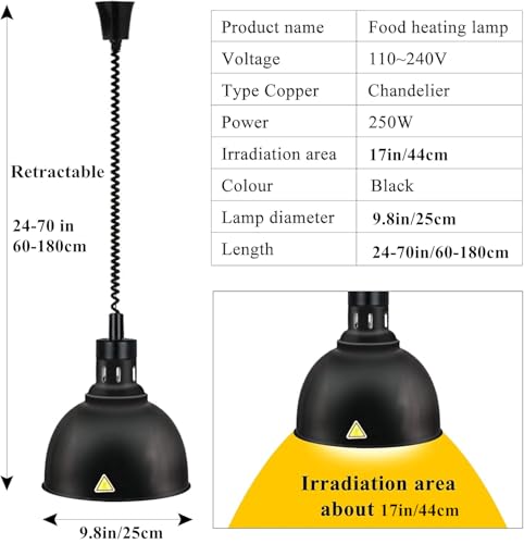 JIAWANSHUN Retractable Heat Lamp for Food with 250W Heating Bulb for Restaurant Hanging Food Warmer Lamp Buffet or Home Use Pizza Warmer - color: Black