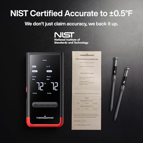 ThermoMaven Smart Bluetooth Wireless Meat Thermometer: Standalone Base, WiFi Unlimited Range, 6 Sensors with NIST Certified Accuracy, 2 Probes for Kitchen, BBQ, Grill, Oven, Smoker, Rotisserie - color: Red-2 Probes