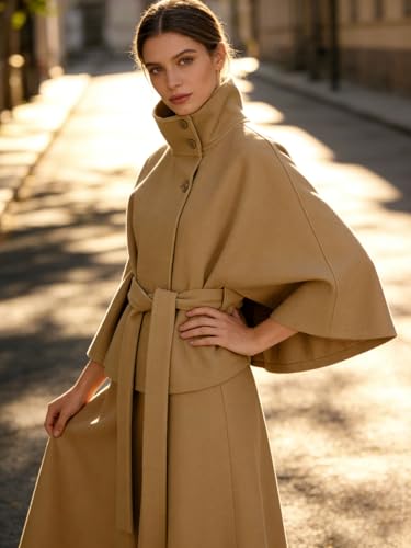 CHARTOU Women Batwing Sleeve Ponchos Pea Coat Wool Stand Collar Belt Capes Jacket Winter Cropped Overcoat - color: Khaki, size: Small