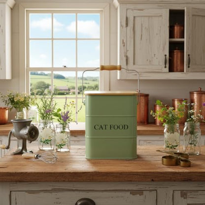 Morezi Cat food storage container storage bin with wooden lid scoop included green metal cat food container in kitchen countertop - color: Cat Food Wood Lid Green