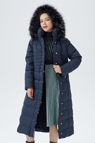 Orolay Women Warm Down Jacket with Hood Fur Long Puffer Coat - color: Navy, size: X-Large