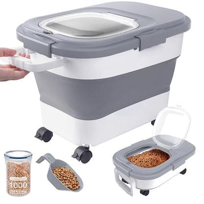 15-23 Lbs Airtight Dog Food Storage Container,Collapsible Dog Food Container with Lid,Wheels,Handle,Large Cat food storage Container with Scoop,Small Food Container for Dog Cat - color: Grey/23 LBS