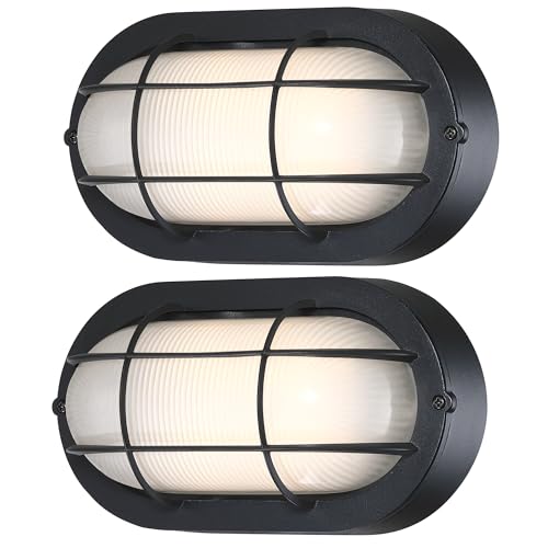Oval Bulkhead Light, Outdoor LED Nautical and Sauna Lamp | Dimmable, 8.5 Inch 600 Lumen 3000K, Aluminum, Glass, Water-proof Wall Lantern Light for Patio, Porch, Garage, Black, 2 Pack - color: 3000K Black, size: 2pk-oval
