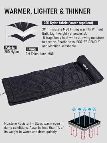 WildCall Hooded Camping Blanket with 3M Thinsulate Insulation Wearable Poncho Blanket Ultralight Foldable Quilt Sleeping Bag for Outdoor, Hiking, Stadium - color: Black