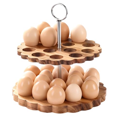 Acacia Wooden Double Layer Egg Holder for 32 Fresh Eggs, Modern Countertop Egg Storage Rack, Fits Chicken, Duck, Turkey Eggs - color: natural