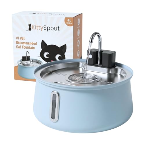 KittySpout 4L Stainless Steel Cat Water Fountain, Cordless Automatic Pet Drinking Dispenser, Quiet Circulating Water Bowl for Cats and Small Dogs, Dishwasher Safe, Indoor Use - color: Blue