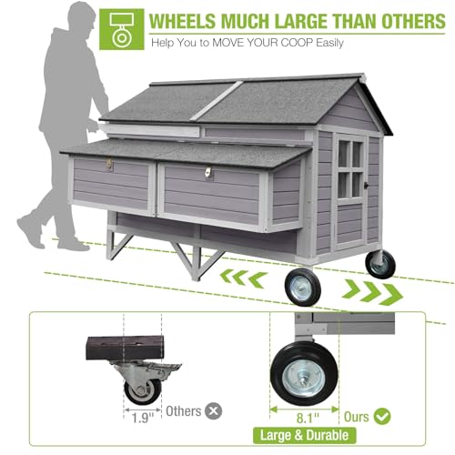 GUTINNEEN Large Chicken Coop with Durable Wheels for 8-10 Chickens, 68.1" Wooden Hen House with 4 Nesting Boxes, 2 Removable Trays & Sturdy Metal Brackets, Mobile Duck Coop Easy Assembly Poultry Cage - color: Grey 21.1ft²