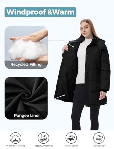 ZSHOW Women's Long Quilted Winter Coat Waterproof Warm Puffer Jacket Parka with Detachable Hood - color: Black, size: 4X-Large Plus