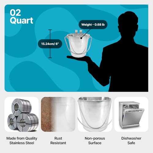 Half Gallon Stainless Steel Bucket - Heavy Duty Flat-Side Metal Bucket for Pets & Livestock Feeding - Rust Resistant Water Bucket with Hooks for Kennels, Cages, Crates & Fences - 2 Quart - size: 2 Quarts