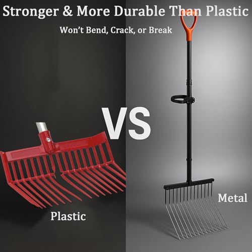 Metal Horse Manure Fork with Long Steel Handle, 2 Pcs Heavy-Duty Poop Shovel Horse – Manure Rake & Hay Fork & Pitch Fork for Horse Stall, Farm Work (1 Pack)
