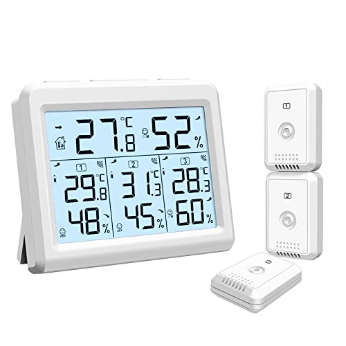 KeeKit Indoor Outdoor Thermometer, Digital Hygrometer Meter Gauge with 3 Wireless Sensors, Temperature Humidity Monitor with LCD Backlight, Min/Max Record for Home, Office, Restaurants, Bars, Café - color: White