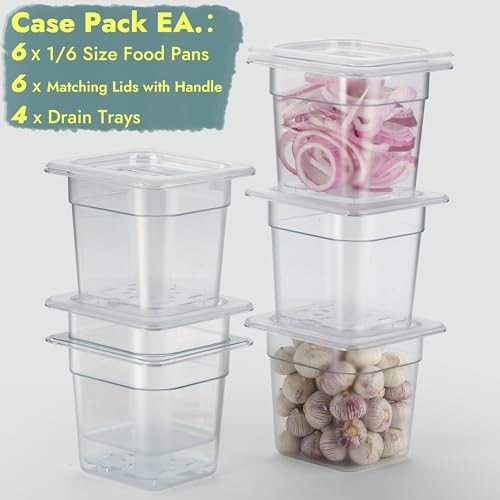 CURTA 6-Pack 1/6 Size 6" Deep NSF Polycarbonate Food Pans with Handled Lids & Drain Trays | Dishwasher & Freezer Safe Clear Container for Prep Tables, Buffet, Salad Bar, Commercial & Home Kitchen - color: 1/6 Size, size: 6" Deep Pan with Lid