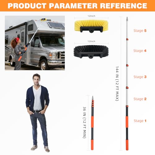 12FT Car Wash Brush with Long Handle Aluminium Telescoping Pole Angle Adapter with 2 Pcs 12" Soft and Hard Bristle Scratch-Free for Cleaning Car Truck RV House Floor Window Roof Solar Panels - size: 12 FT