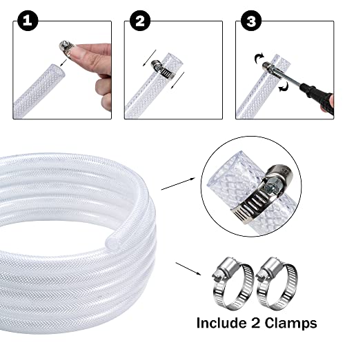 DAVCO 3/4" ID - 10 ft Heavy Duty Braided Clear Plastic Vinyl Tubing, Flexible High Pressure Reinforced PVC Plastic Tube Hose, Non-toxic, BPA Free, with 2 Stainless Clamps - size: 3/4"ID, style: 10 Feet