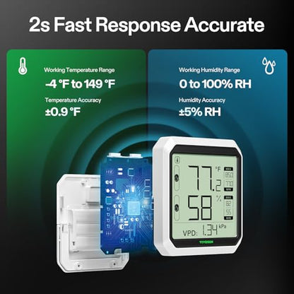 VIVOSUN AeroLab THB1 Wireless Bluetooth Hygrometer Thermometer Indoor, Smart Temperature Monitor, VPD, Digital Humidity Meter, LCD Remote Control & Alert, Data Storage, Dual Channels, Battery Included - style: Thermometer