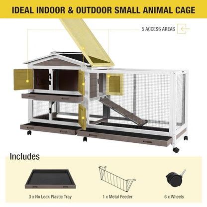 Aivituvin Rabbit Hutch 62" Rabbit Cage Indoor Outdoor Chicken Coop Guinea Pig Cage on Wheels Bunny Cage with 3 Deep No Leakage Pull Out Tray,Waterproof Roof (Brown) - color: Brown