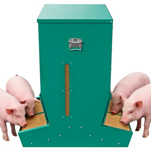 Pig Feeder, 4-Door Heavy Duty Galvanized Steel Hog Feeder,9 Bushels Capacity, Outdoor Pig Feeders with Visable Feed Design, Livestock Feeder for Barn, Farm, Feeding up to 20 Small Hogs, Green