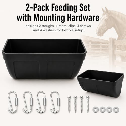 Hanging Horse Feed Trough, Fence Mount Horse Feeder with Heavy-Duty Metal Clips & Screw Hardware, Black Plastic Feed and Water Bucket for Horse Stall, Barn Wall, Pellets & Supplements (2 Pcs)
