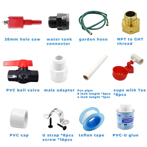 Chicken Coop Accessories – Complete Automatic PVC Pipe Watering System Kit with Hole Opener, Hoses, Valves & Red Drinking Cups for Chickens, Quail, Ducks, Geese & Other Poultry