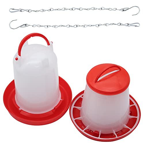 Chicken Feeder and Waterer Kit -1.5KG Poultry Chick Feeder and 1.5L Chicken Waterer with 2pcs “S” Hooks,Plastic Hanging Poultry Quail Feeder and Waterer Set for Coop