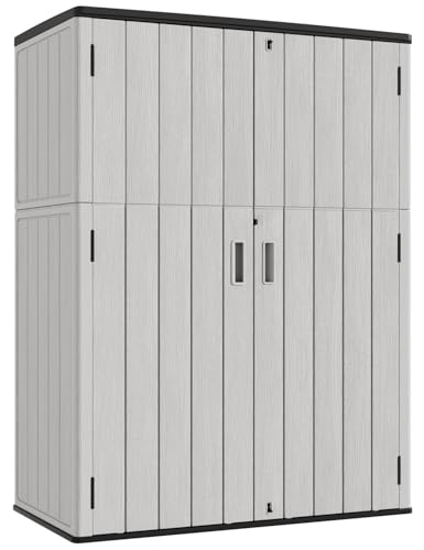 KINYING Outdoor Vertical Storage Shed,57 Cu.ft Outdoor Storage Cabinet Waterproof,Resin Sheds & Outdoor Storage Clearance for Garden,Patio,Backyard,Lockable (Grey) - color: Gray, size: 57 Cu.ft
