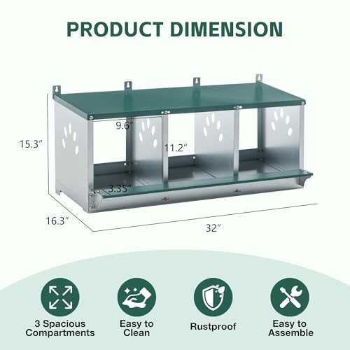 3 Compartment Metal Chicken Nesting Box with Roll Away Egg Collection 32×16×15in,Wall Mountable Large Hen Laying Box with Vented Holes,3 Houses Coop Roosting Boxes Fit for Different Poultry Breeds - size: 32×16×15in