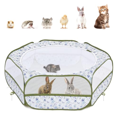 Pawaboo Small Animals Playpen, Waterproof Small Pet Cage Tent with Zippered Cover, Portable Outdoor Yard Fence with 3 Metal Rod for Chick/Kitten/Puppy/Guinea Pig/Rabbits/Hamster, Blue + White Flower - color: Blue + White Flower