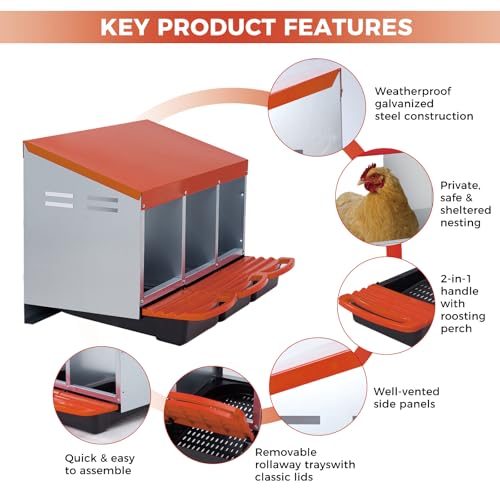 Roll Away Chicken Nesting Box - 3-Compartment Galvanized Steel Laying Nest, Pull-Out Trays, Ventilated Waterproof Roof, Wall or Floor Mount - Orange - Three Grids