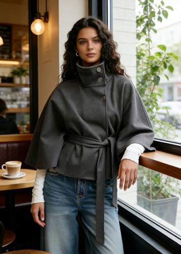 CHARTOU Women Batwing Sleeve Ponchos Pea Coat Wool Stand Collar Belt Capes Jacket Winter Cropped Overcoat - color: Grey, size: Small