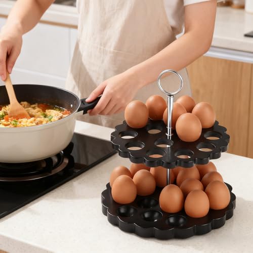Acacia Wooden Double Layer Egg Holder for 32 Fresh Eggs, Modern Countertop Egg Storage Rack, Fits Chicken, Duck, Turkey Eggs - color: black