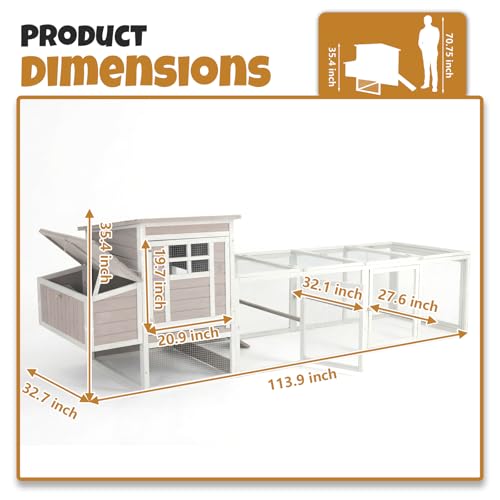 Wooden Chicken Coop with Run, Outdoor Poultry House with Removable Leak-Proof Tray, Nesting Box, Perches, Ventilation Metal Mesh, Rabbit Hutch for Small Animals, Backyard, Garden - style: 113.9"L x 32.7"W x 35.4"H