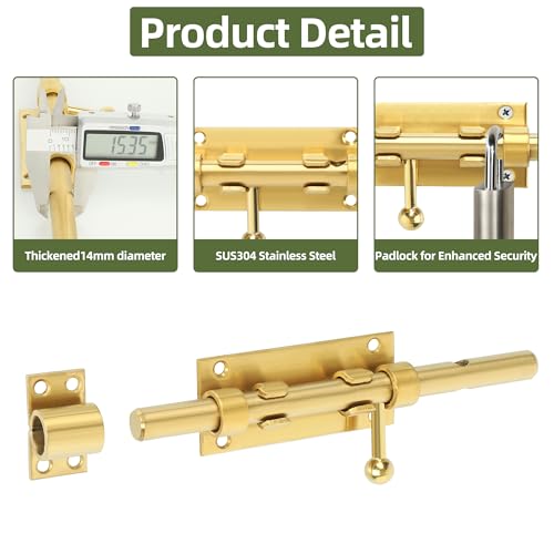 Alise Slide Lock SUS304 Stainless Steel Gate Latch, Slide Bolt Latch,Thickened Heavy Door Latch Lock,8 Inch Black Barrel Bolt Latch, Security Slide Latch Lock Gold - color: Gold, size: 8 Inch (Regular)